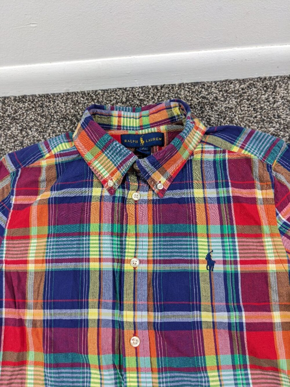 Polo Ralph Lauren Shirt Youth Boys L 14-16 Indian Madras Plaid S/S Button Pony
